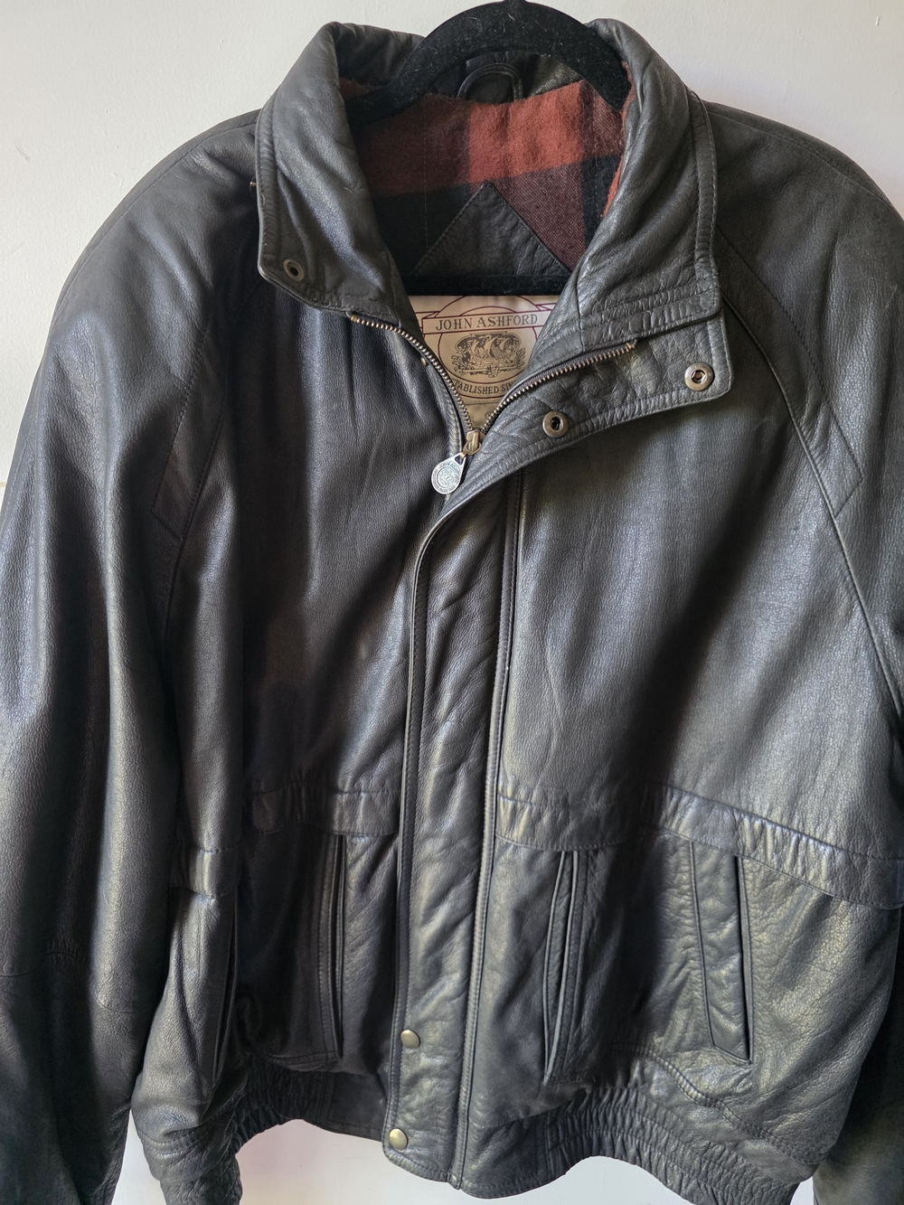 Vintage John Ashford Genuine Leather Bomber Jacket Men's XL Black Plaid Lined